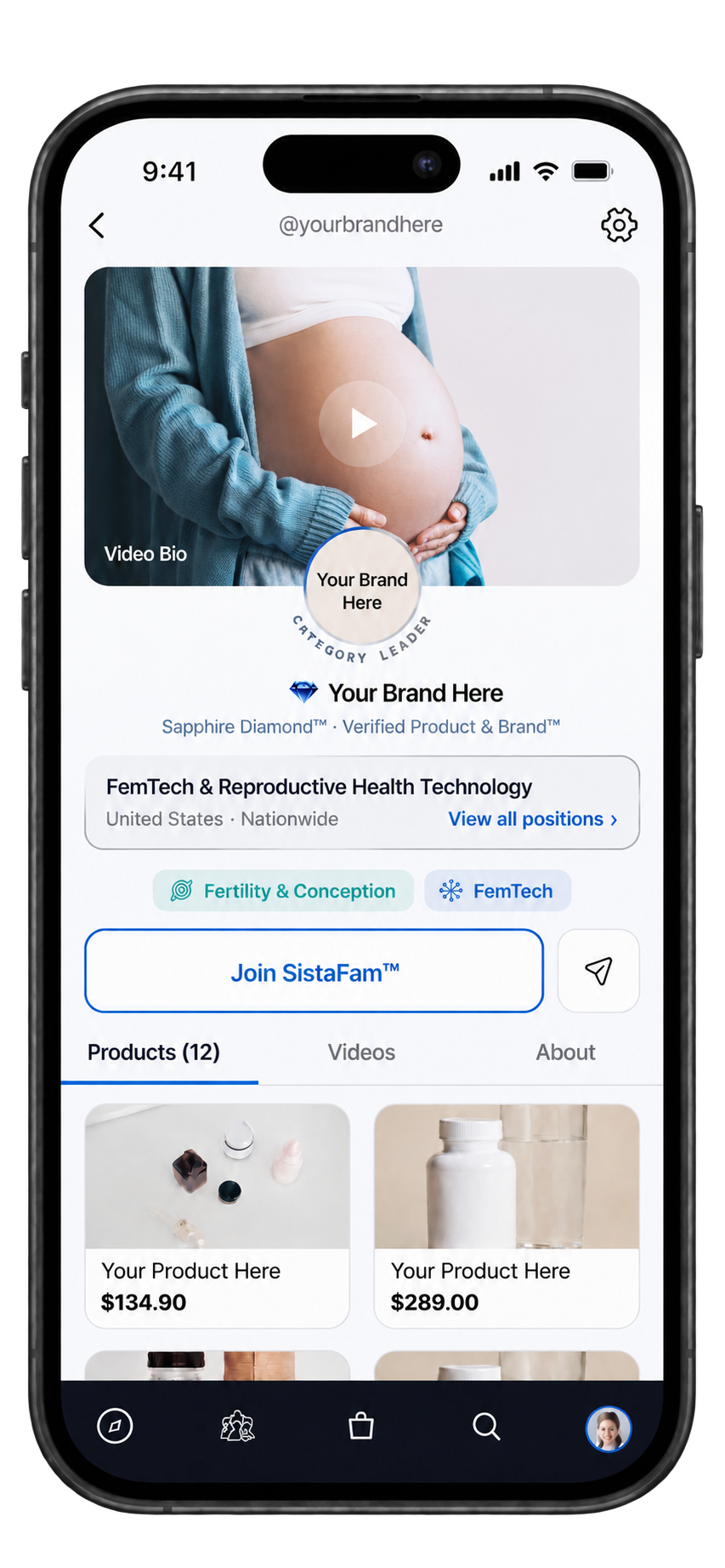 iPhone showing a verified SistaShop profile and shop